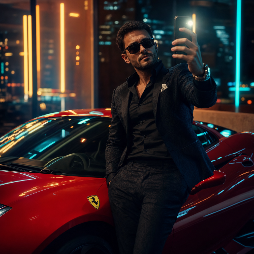 Influencer udający bogatego na tle czerwonego Ferrari z telefonem do selfie