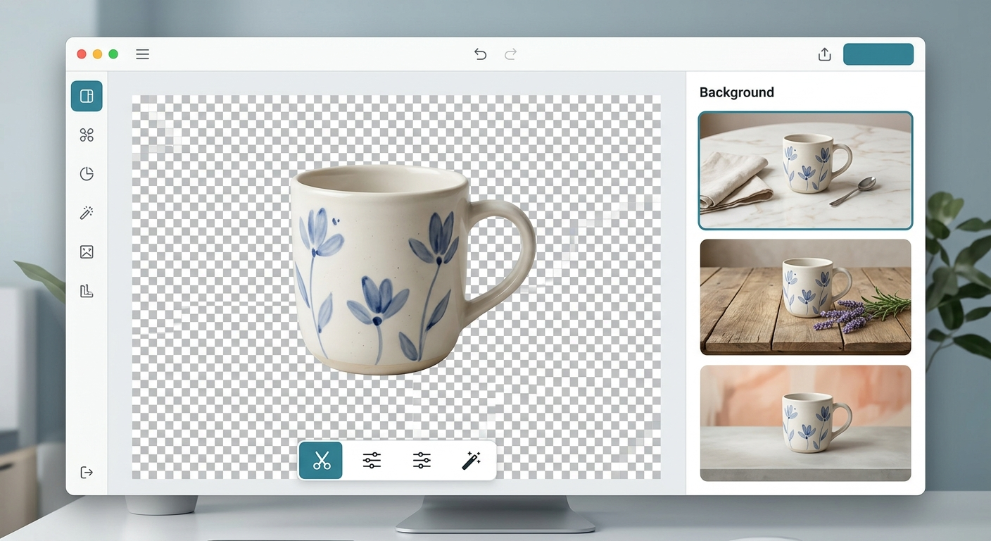 Interfejs Photoroom - po lewej produkt bez tła, po prawej warianty AI-generowanych kontekstów