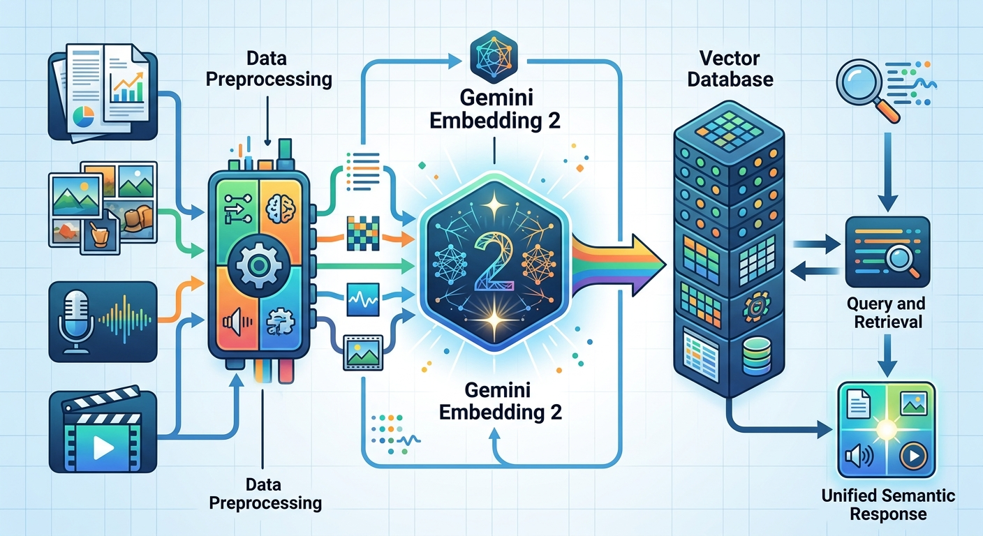 Architektura systemu RAG z Gemini Embedding 2 - jeden model dla wszystkich formatów