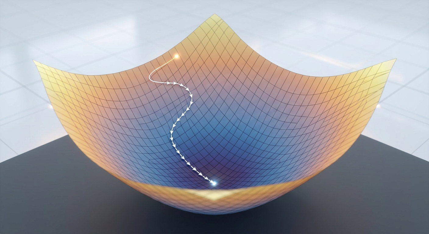 Gradient descent znajduje minimum funkcji kosztu - punkt, gdzie błąd jest najmniejszy
