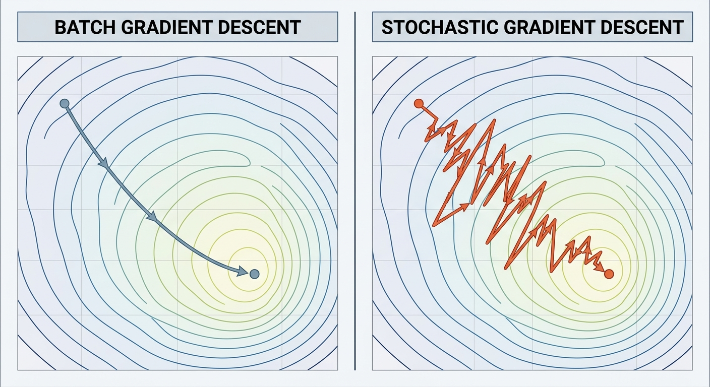 Batch gradient descent (lewa) vs stochastic gradient descent (prawa) - różne drogi, ten sam cel